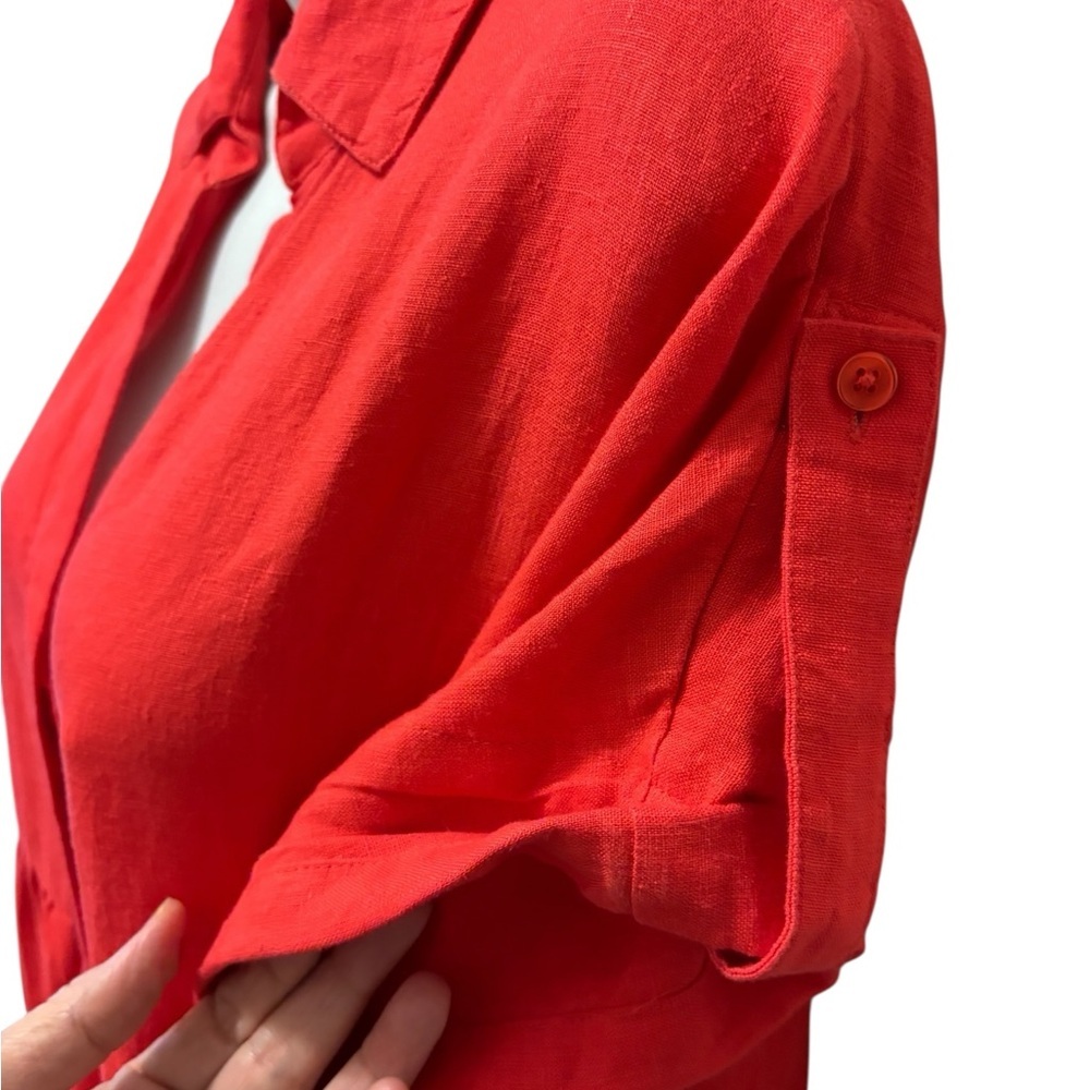 Chicos 100% Linen Roll Tab Dolman Midi Dress Sz 00/2 Oversized Watermelon Punch - Picture 4 of 8